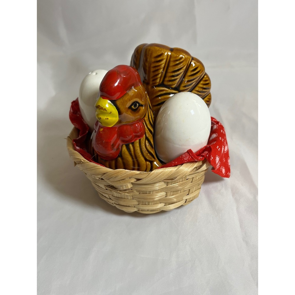 Vintage Ceramic Hen and Egg Salt and Pepper Shaker Set with Wicker Basket